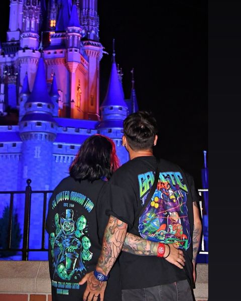 Someone wearing a Mouse House design in a theme park