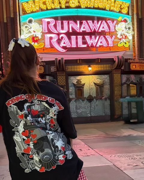 Someone wearing a Mouse House design in a theme park