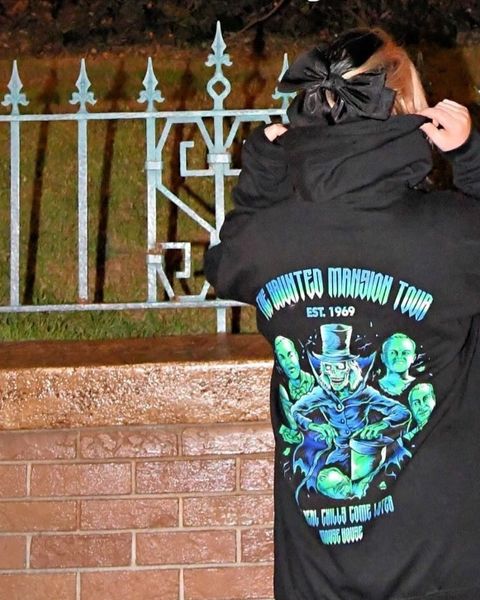 Someone wearing a Mouse House design in a theme park