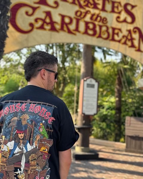 Someone wearing a Mouse House design in a theme park