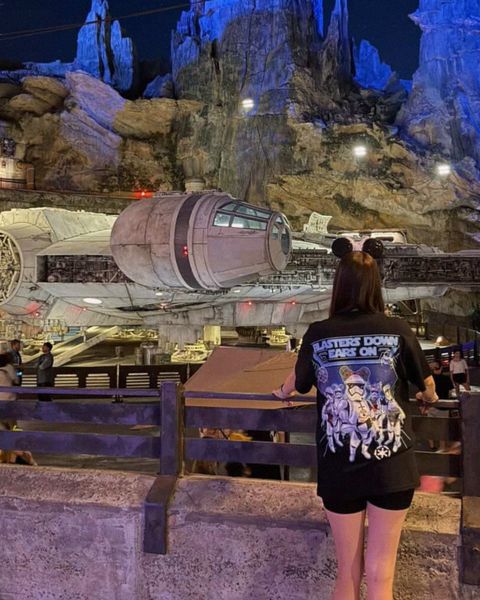 Someone wearing a Mouse House design in a theme park