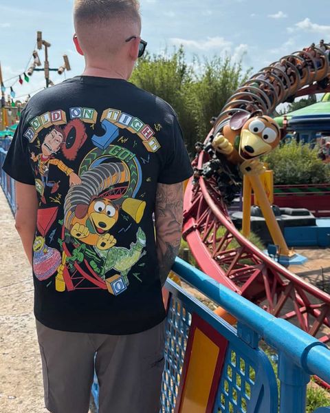 Someone wearing a Mouse House design in a theme park