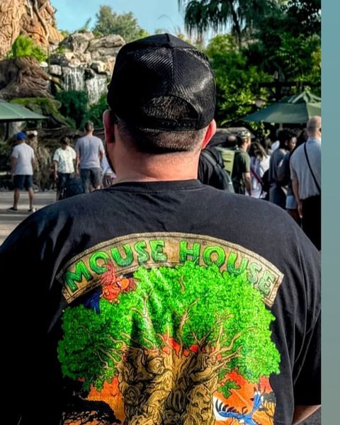 Someone wearing a Mouse House design in a theme park